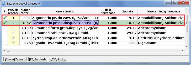 Może zaistnieć kilka sytuacji, w których należy połączyć pozycje na recepcie: PRZYPADEK 1: Ten sam lek sprzedajemy w rozbiciu na dwie pozycje, które zostają podczas sprzedaży rozdzielone inną pozycją