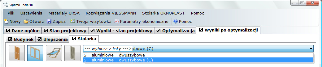 W celu zobaczenia wyników obliczeń dla danego elementu stolarki należy wybrać jego rodzaj (za pomocą przycisku z symbolem) oraz nazwę (z listy rozwijanej usytuowanej u góry zakładki): Zakładka Stan