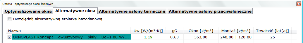 Aby wybrać lub usunąć konkretną stolarkę z optymalizacji należy wykonać na niej podwójne kliknięcie lub kliknąć bezpośrednio w małe kwadratowe pole położone na lewo od jej nazwy: Symbol śnieżynki na