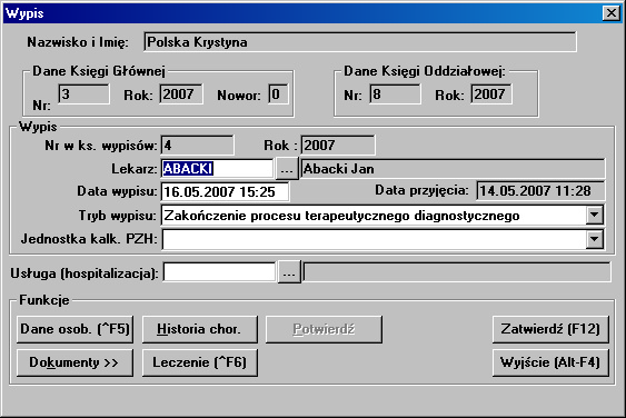 Odmowa [^F3] odmowa przyjęcia pacjenta na oddział z równoczesnym odesłaniem danych na Izbę Przyjęć lub Oddział, który przysłał pacjenta. Wyjście [Alt-F4] - opuszczenie opcji. 3.3.13 Wypis ze szpitala Lokalizacja: Oddział > Menu Uproszczona Ewidencja Pobytów > Oddział Wewnętrzny > Pacjenci > Menu Przycisk Poleceń [Wypis] Okno służy do wykonania wypisu ze szpitala.