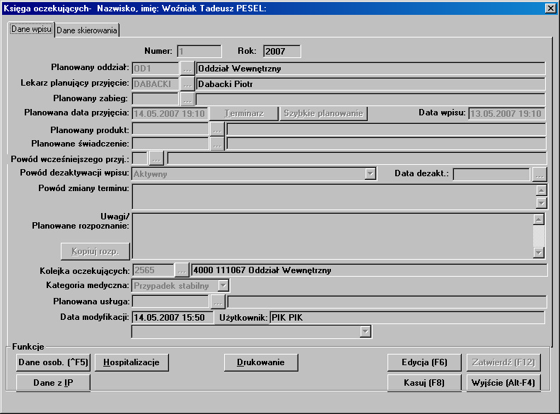 3.4.4.1 Wpis do Księgi Oczekujących Lokalizacja: Izba Przyjęć > Menu Uproszczona Ewidencja Pobytów > Izba Przyjęć Ogólna > Menu Księgi > Oczekujących > Przycisk Poleceń [Przegląd F5] Gdy powodem