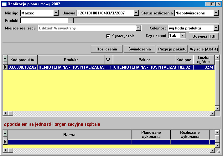 3.6.2 Realizacja umów Lokalizacja: Izba Przyjęć, Oddział, Statystyka > Menu Uproszczona Ewidencja Pobytów >Izba Przyjęć Ogólna > Menu Rozliczenia > Realizacja Umów Okno Realizacja Umów składa się z 3