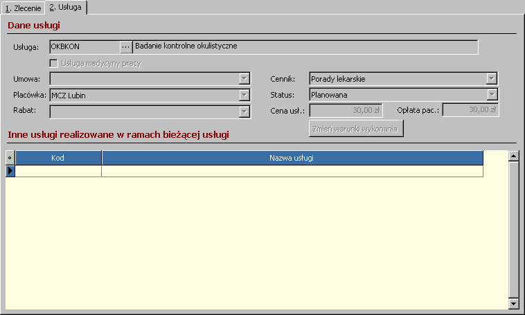 Uproszczona ewidencja pobytów w przychodni Zlecający - pole słownikowe prezentujące kod, nazwisko oraz imię osoby zlecającej wykonanie usługi Na drugiej zakładce Usługa umieszczone zostały informacje