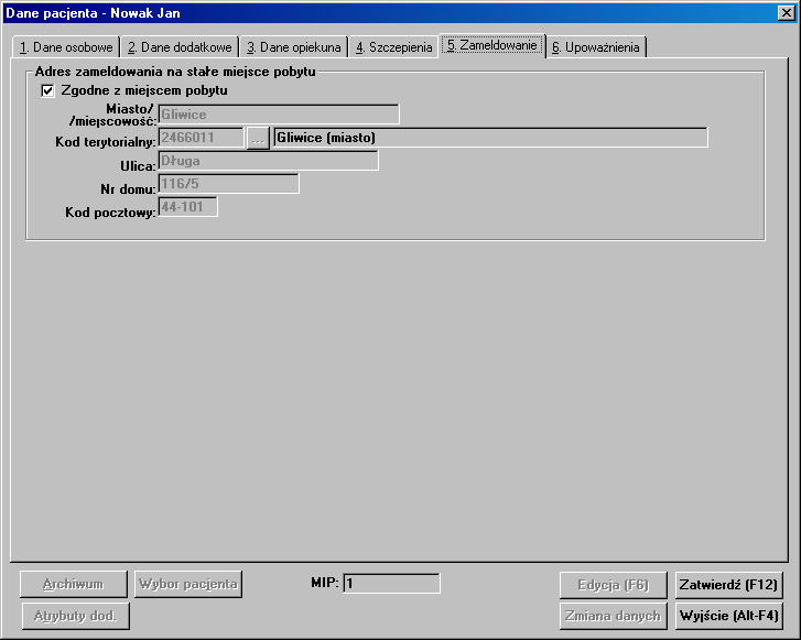 Okno zawiera dane szczepień: kod szczepienia, nazwę, datę wykonania, opis. Zameldowanie: Zakładka umożliwia wprowadzenie informacji o adresie zameldowania pacjenta, gdy jest inny niż adres pobytu.
