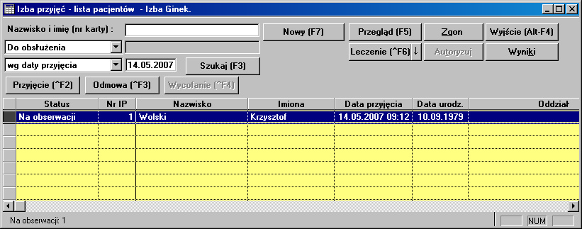 Tabela danych: zawiera: podstawowe dane identyfikacyjne pacjenta (m.in.