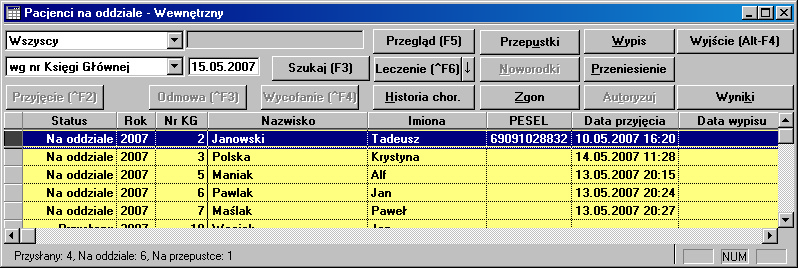 3.3 Lista pacjentów na Oddziale Lokalizacja: Oddział > Menu Uproszczona Ewidencja Pobytów > Odział Wewnętrzny > Menu Pacjenci Okno służy do wprowadzania danych o nowo przybyłych pacjentach i