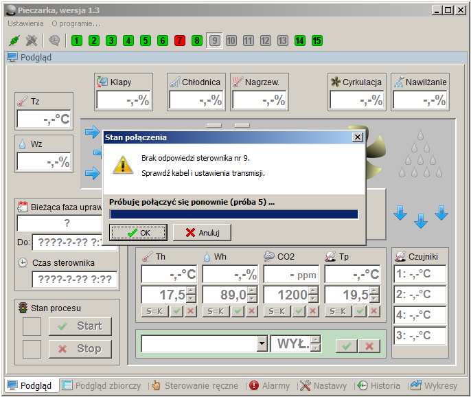 Po ustawieniu parametrów połączenia można połączyć się ze sterownikami wciskając przycisk na pasku narzędzi (pierwszy od lewej) u góry głównego okna programu.