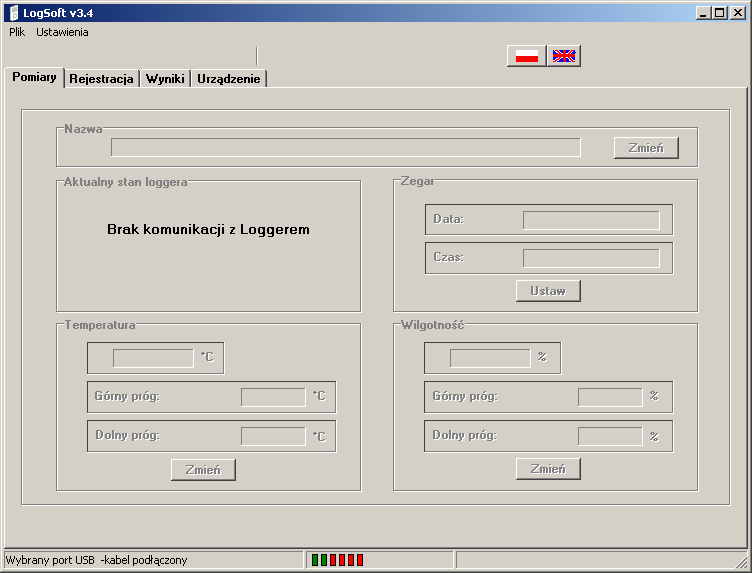 Na dolnym pasku okna znajduje się informacja o wybranym porcie do komunikacji ( COM, USB ) oraz stanie tego portu.