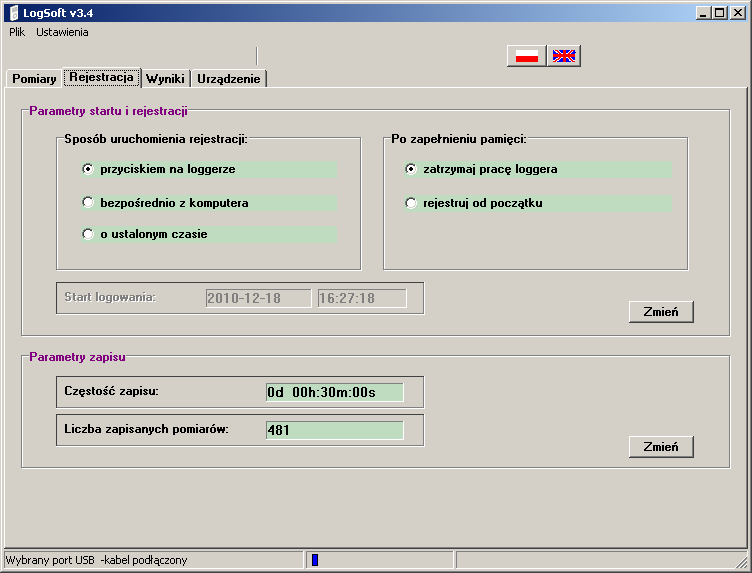 Rejestracja Po wybraniu zakładki Rejestracja istnieje możliwość zaprogramowania parametrów pracy urządzenia takich jak: sposób uruchomienia rejestracji zachowanie rejestratora po zapełnieniu pamięci