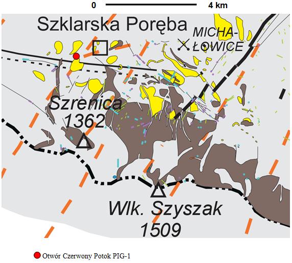 [czarne cienkie linie] dyslokacje wyznaczone geologicznie w Polsce z zaznaczeniem skrzydła zrzuconego uskoków (linią przerywaną), niepotwierdzone fotointerpretacją obrazów satelitarnych i lotniczych