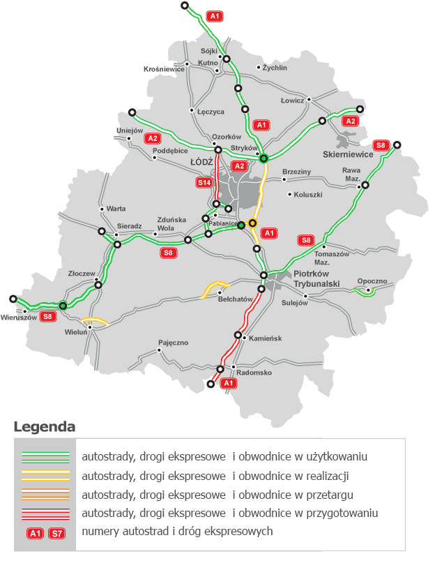 Rysunek 1. Stan budowy dróg ekspresowych i autostrad na terenie województwa łódzkiego (GDDKiA, 2015 r.