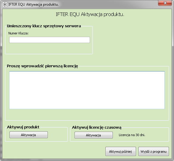 Po kliknięciu OK otworzy się okno IFTER EQU Aktywacja produktu w którym: wyświetli się numer klucza licencyjnego i okno, w którym należy wkleić kod licencji.