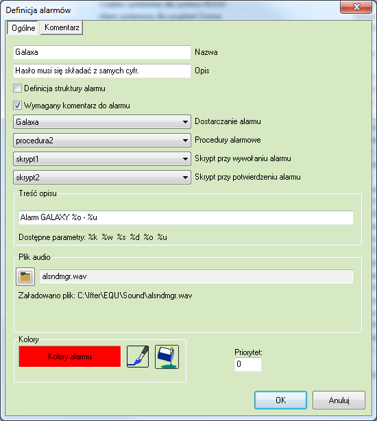 3.2 Definicja alarmów Definicja alarmów służy do określenia sposobu, w jaki alarm ma być prezentowany użytkownikowi.