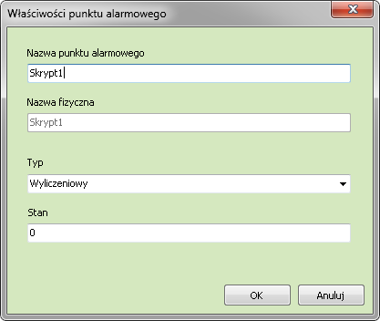 W powyższym oknie należy określić nazwę i stan punktu alarmowego. Operator może również zdefiniować skrypt jako punkt alarmowy.