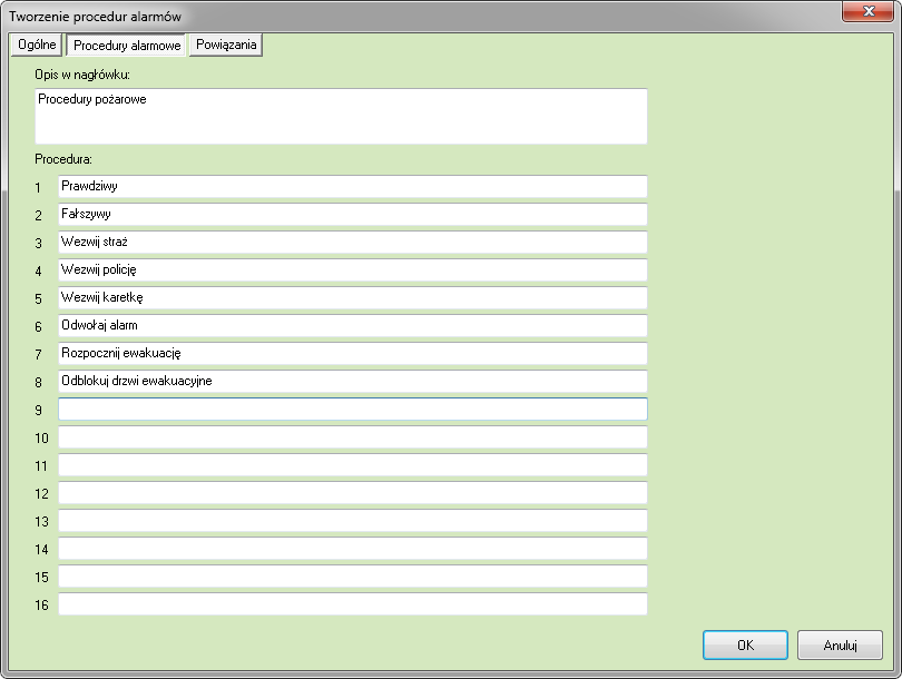 3.4.1.2 Zakładka: Procedury alarmowe W tej zakładce tworzy się opis procedur, które operator musi wykonać, by potwierdzić alarm.