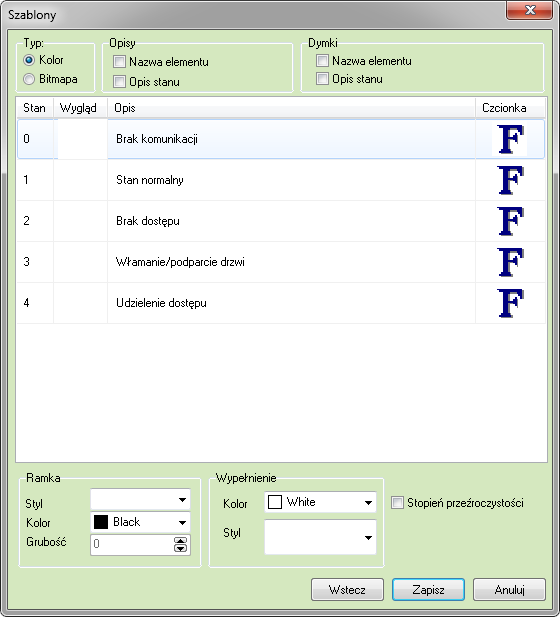 Kolor W poszczególnych stanach można zmienić opis i określić odpowiadający im kolor Opisy: Nazwa elementu po zaznaczeniu tej opcji na szablonie zostanie wyświetlona nazwa elementu Opis stanu - po