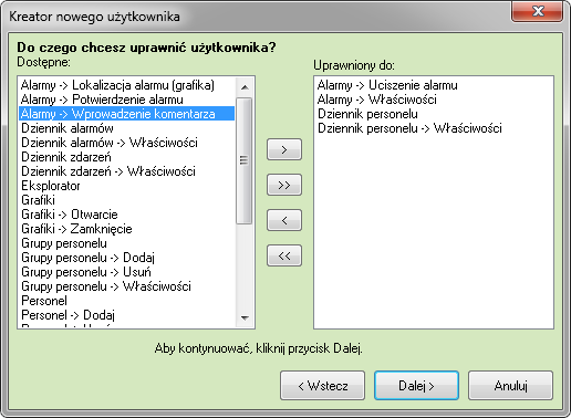 Po przejściu Dalej, pojawi się okno zawierające uprawnienia użytkownika. W zależności od nadanego użytkownikowi poziomu dostępu można nadawać odpowiednie uprawnienia.