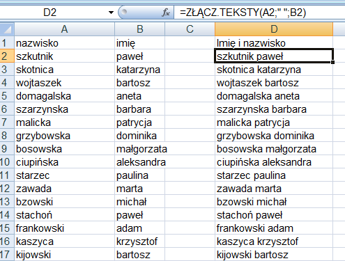 W polach Tekst1 oraz Tekst3 wskazujemy komórki z tekstami (czyli Imię oraz Nazwisko), natomiast aby uniknąd "sklejenia" połączonych wyrazów w pole Tekst2 należy wpisad spację w cudzysłowie.