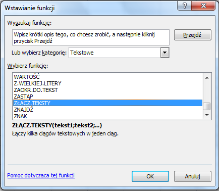 Zajęcia nr 4: Łączenie i rozdzielanie danych tekstowych W tym tutorialu opiszę metody na łączenie danych tekstowych z różnych komórek za pomocą funkcji Złącz.teksty oraz metodą konkatenacji.