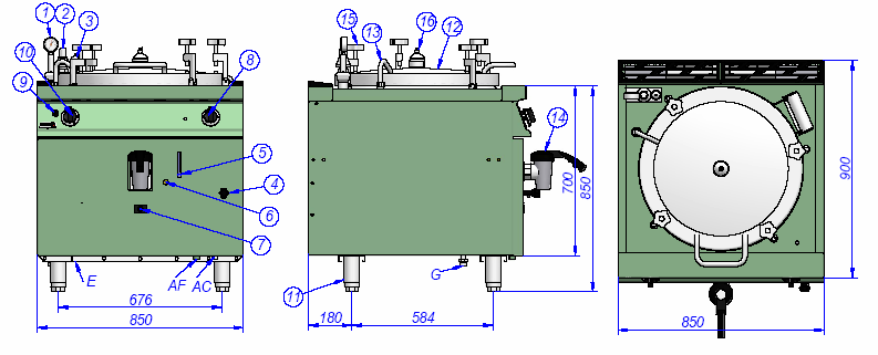 MG9-10 BM, MG9-15 BM G: przyłącze gazu AF: woda zimna ¾ E; przyłącze elektryczne AC: woda ciepła ¾ 1: manometr 2: zawór bezp.