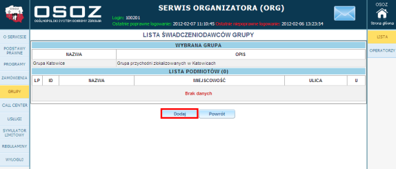 Rys. Zakładka Grupy Serwis Organizatora Grupa funkcji Lista Lista zawiera informacje na temat grup świadczeniodawców wraz z przypisanymi do nich podmiotami oraz usługami, które są wykonywane w ramach