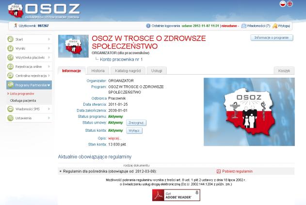 Rys. Szczegóły Programu Partnerskiego Po dokonaniu tej czynności wyświetli się pole do wprowadzenia przyczyny rezygnacji z udziału w programie.