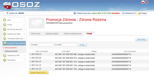 Powyżej listy znajduje się mechanizm wyszukiwania, który pozwala ograniczyć listę pozycji do takich, które spełniają zadane warunki wyszukiwania. Rys. Usługa medyczna objęta działaniem programu.