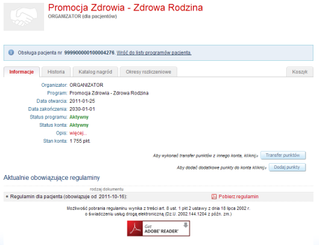 aktualnego statusu konta, daty zakończenia programu jeśli została określona na poziomie definiowania programu. Druga zakładka zawiera listę ostatnich złożonych zamówień pacjenta.