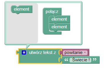 Zielony blok zawiera dwa węzły i skleja tekst z zawartością zmiennej 2 Uzyskany komunikat to Cześć Świecie!