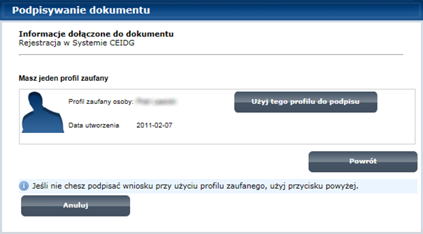 nadających uprawnienia pdmitm w CEIDG Strna 41 z 43 Użytkwnik zalgwany na platfrmę epuap, pwinien wybrać przycisk Pdpisz prfilem zaufanym, aby ptwierdzić spsób dstępu d systemu przy wykrzystaniu
