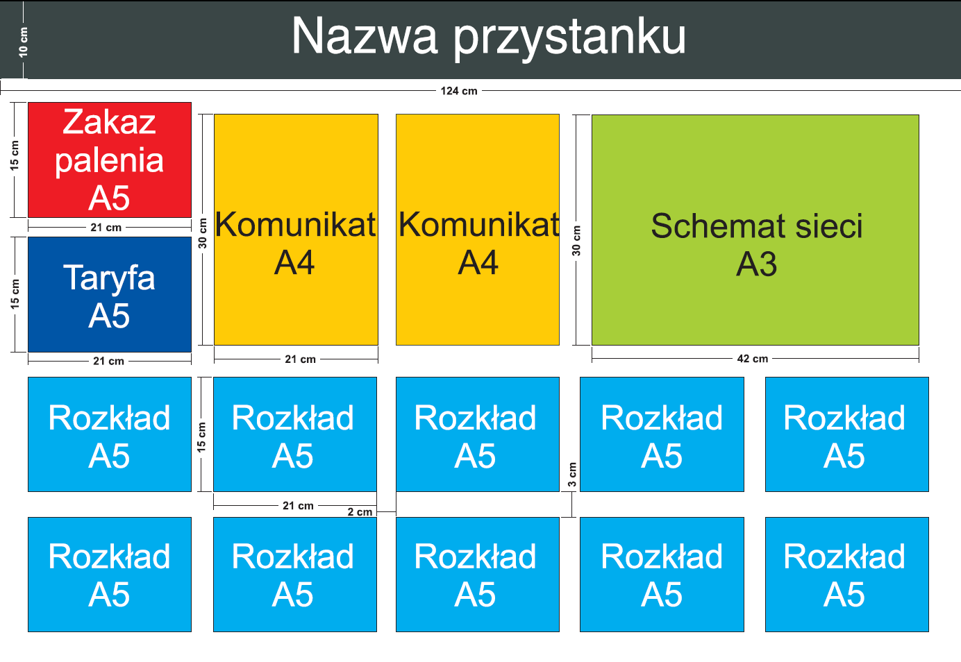 Przykład wkładu do gabloty informacyjnej ZTM Poznań: Uwaga: powyższy rysunek stanowi wyłącznie przykład (szkic poglądowy), a układ i wymiary gablot oraz kieszonek na wkładach wewnętrznych należy