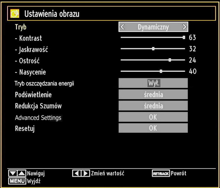 Konfigurowanie ustawień obrazu Można ustawić szczegóły różnych ustawień obrazu. Proszę nacisnąć przycisk MENU i wybrać ikonkę obrazu, używając przycisków lub.