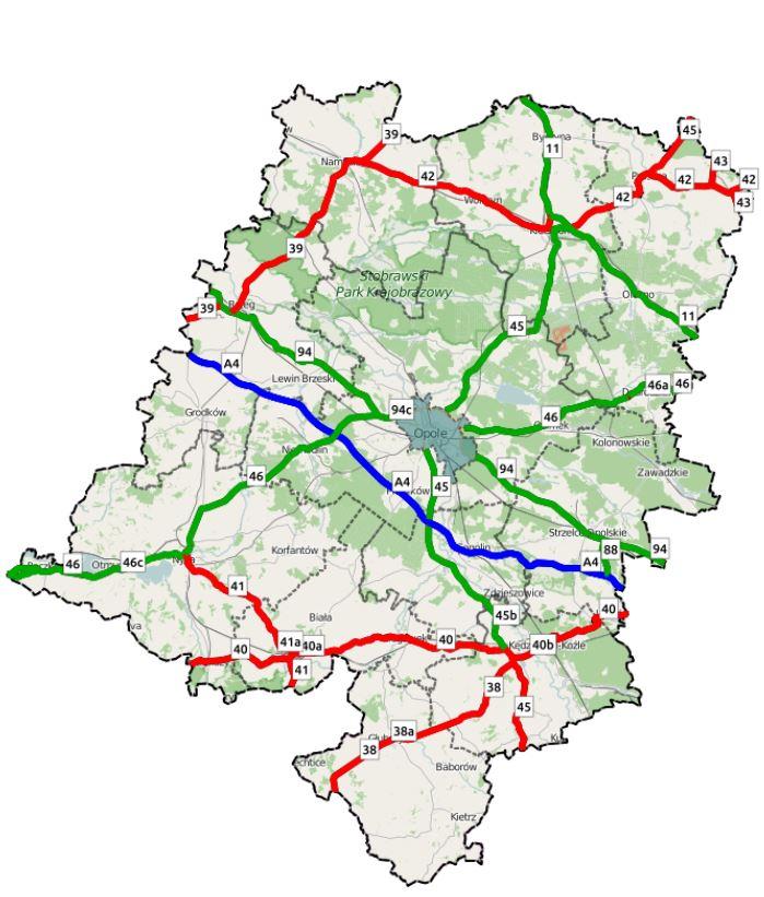 Sieć dróg w zarządzie Oddziału w Opolu klasa A klasa GP klasa G 87,7 km 344,3 km 321,8 km