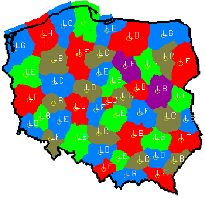 Tabela 1 Podział zakresu 1452,0-1479,5 MHz na 16 bloków częstotliwościowych (od LA do LP) o szerokości 1,536 MHz oddzielonych od siebie tzw. odstępem ochronnym o szerokości 176 khz.