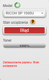 Na stronie stanu jest prezentowany aktualny stan drukarki: Gotowe, Zajęty, Drzemka, Błąd lub Offline. Na dole okna stan drukarki jest opisany słownie.