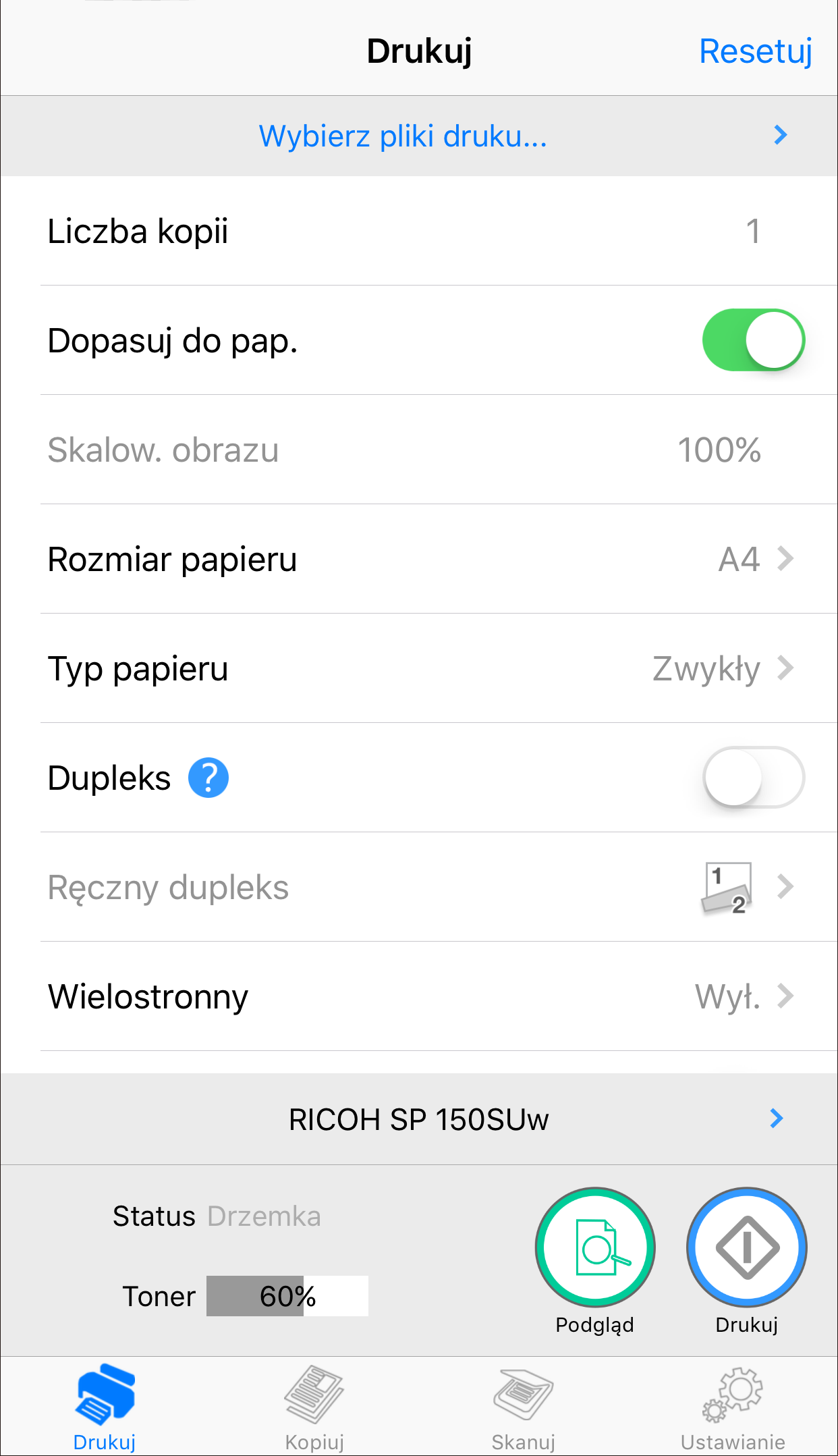 4. Wersja do systemu Android i ios'a Drukowanie Drukowanie zwykłe 1. Wybierz [Wybierz pliki druku...], aby przejść do strony wyboru pliku. 2. Na stronie wyboru plików wybierz plik do drukowania. 3.