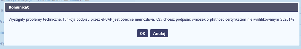 SL2014 poinformuje Cię o przesłaniu pisma do instytucji specjalnym komunikatem wyświetlonym na ekranie.