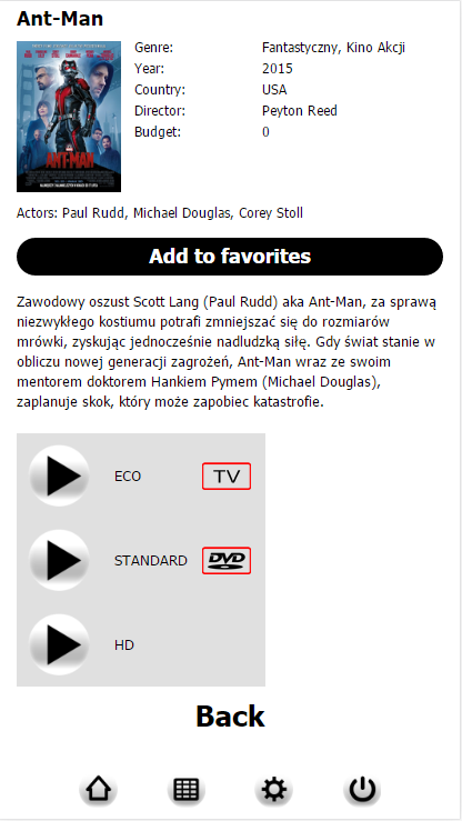 Po kliknięciu na którykolwiek film z listy filmów odtworzy się okno, w którym się znajduje krótki opis filma oraz różne opcje Lista filmów