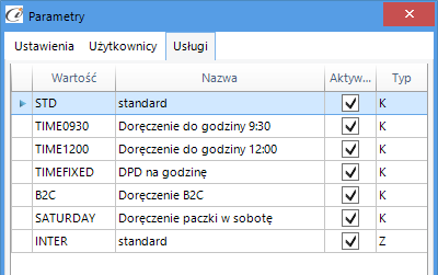2.2.3.2. Użytkownicy Parametry Użytkownicy służą do wprowadzenia danych logowania Web Api DPD (rys. 16). (rys. 16) Parametry ogólne Użytkownicy 2.2.3.3. Usługi Pozwala na zdefiniowania aktywnych usług DPD (Rys.