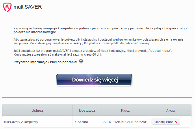 5. multisaver Menu multisaver to miejsce służące do obsługi pakietu antywirusowego. Menu dostępne jest w przypadku gdy zalogowany użytkownik posiada aktywną usługę multisaver.