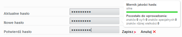znajdujący się przy haśle. Po kliknięciu na przycisk pojawi się ekran do zmiany hasła wraz z pomocną informacją o sile hasła.