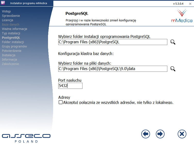 Instalator domyślnie ustawia standardowy port TCP 5432. Zaznaczenie opcji "Akceptuj połączenia ze wszystkich adresów, nie tylko z lokalnego" umożliwia łączenie się z serwerem dowolnej stacji roboczej.