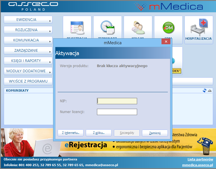 Aktywacja polega na wczytaniu klucza aktywacyjnego uzyskanego przez świadczeniodawcę z Centrum Zarządzania Licencjami mmedica (https://mmedica-licencje.asseco.pl/).