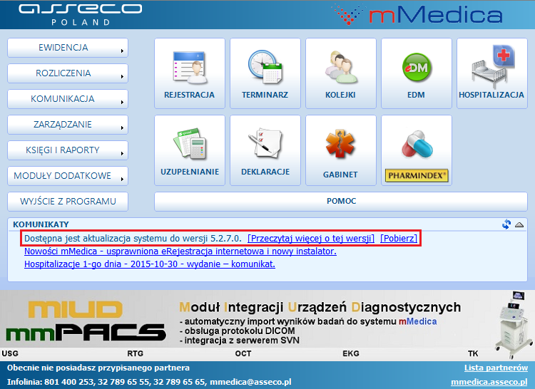 Tryb serwisowy instalatora 3.1 Pobranie aktualizacji systemu z poziomu aplikacji mmedica Po uruchomieniu aplikacji mmedica zostaje otwarte okno startowe programu.