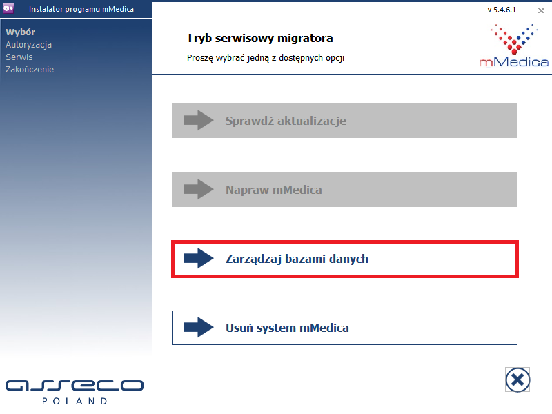 Migracja do PostgreSQL 9.5 W celu odtworzenia nieprzeniesionych załączników należy, po wykonanej migracji, ponownie uruchomić plik mmsetup.exe i postępować według poniższych wskazówek: 1.