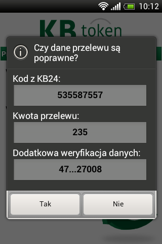 Kolejny ekran, który pojawi się w KB tokenie, służy do weryfikacji poprawności danych przelewu.