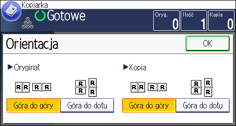 Dupleks Kopiowanie Określanie orientacji oryginału i kopii Wybierz orientację oryginałów i kopii, jeśli oryginał jest dwustronny lub jeśli chcesz kopiować na obu stronach.