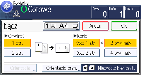 3. Kopia 4. Naciśnij [Inne funkcje]. 5. Naciśnij przycisk [Łącz]. 6. Wybierz opcję [1 str.] lub [2 str.] dla [Oryginał].