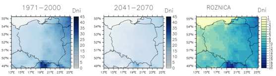 Rys. 5.16. Najdłuższy okres z temperaturą minimalną mniejszą od 0 C (lewy panel) oraz z temperaturą maksymalną wyższą od 25 C (prawy panel) dla Polski środkowej; 4 źródło: ICM Rys. 5.17.