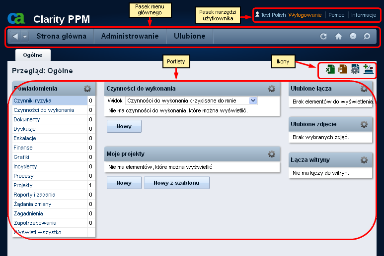 Krótki przewodnik po programie CA Clarity PPM Krótki przewodnik po programie CA Clarity PPM Na poniższej ilustracji przedstawiono domyślną stronę główną oraz jej główne komponenty.